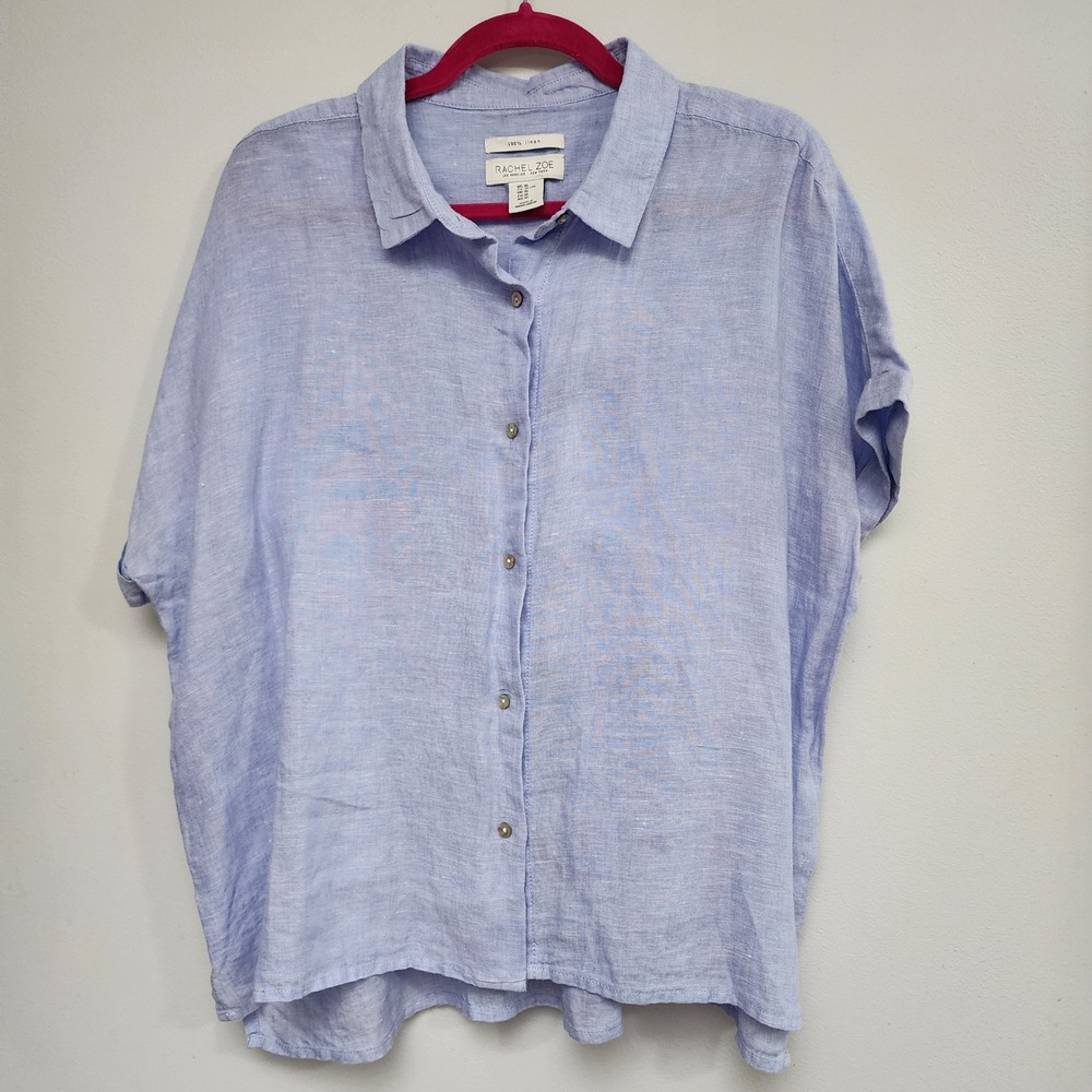 Rachel Zoe 100% Linen Shirt Womens XL Light Blue Short Sleeve Button Down Boxy